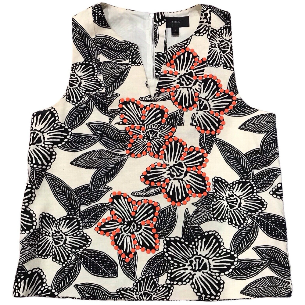 J. Crew Top Black Ivory Tropical Pattern Sleeveless with Orange Beads Size 8
